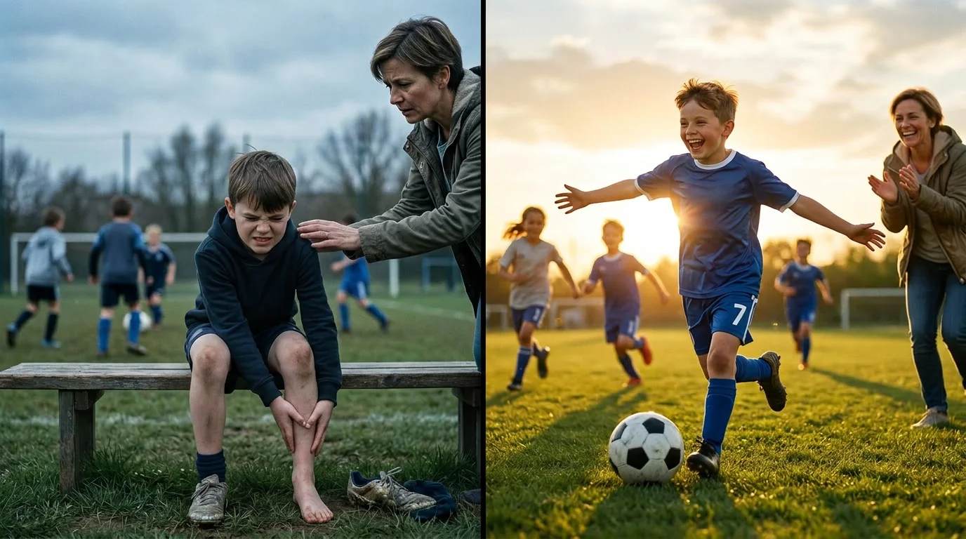 Avant : un enfant triste sur le banc, sa mère inquiète. Après : le même enfant qui rit en jouant au foot, sa mère soulagée.